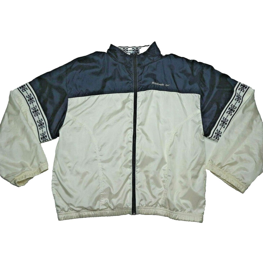 VTG 90s REEBOK Women Medium Blue Ivory Snowflake Trim Lined Zip Windbreaker